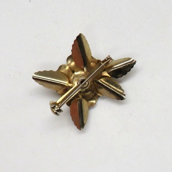 Vintage Rose Brooch Gold Tone Floral Brooch Leaf Accents Safety Clasp - Picture 4 of 7